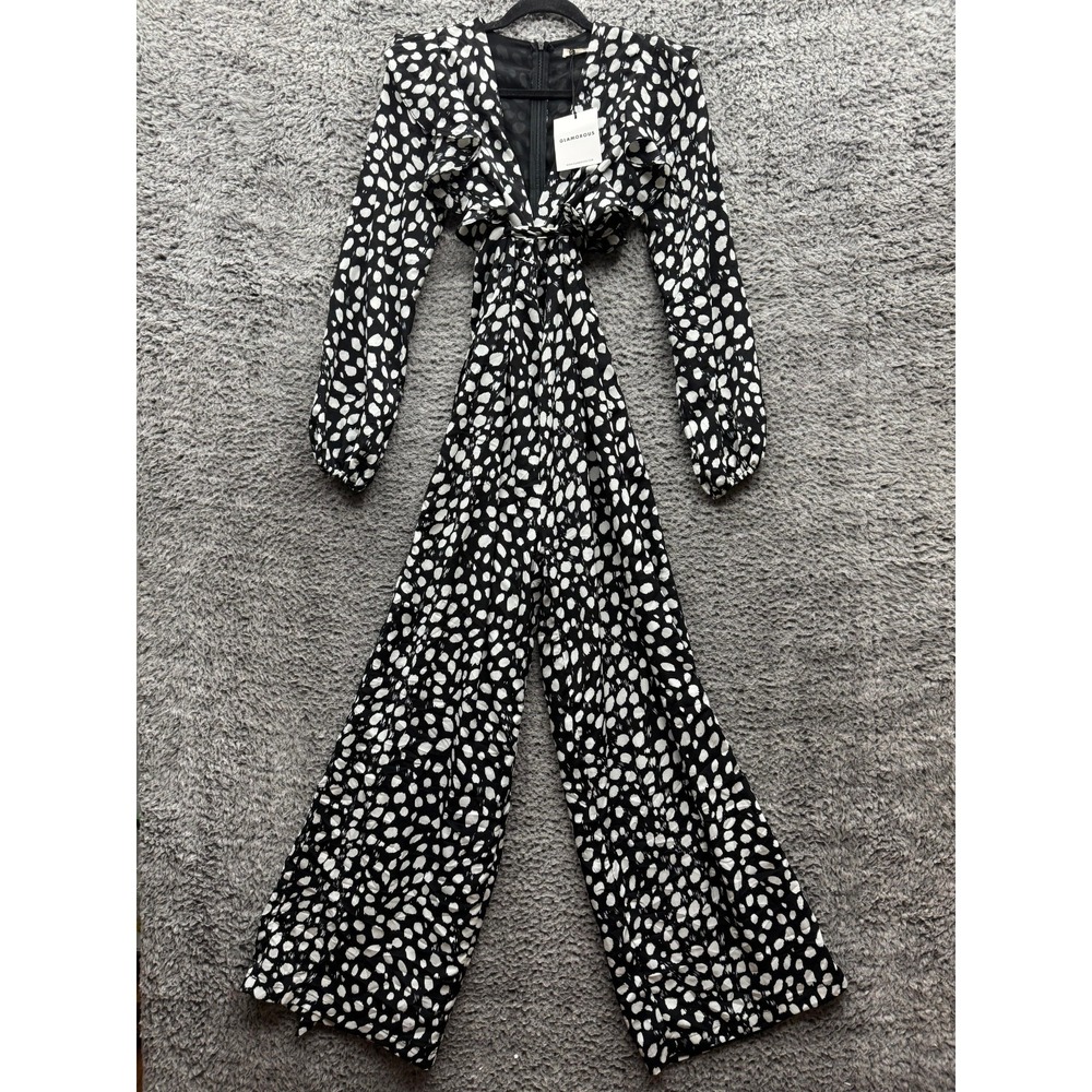 NWT Glamorous Spots Stretched Long Sleeve Wide-Leg Jumpsuit Black Womens Size 4